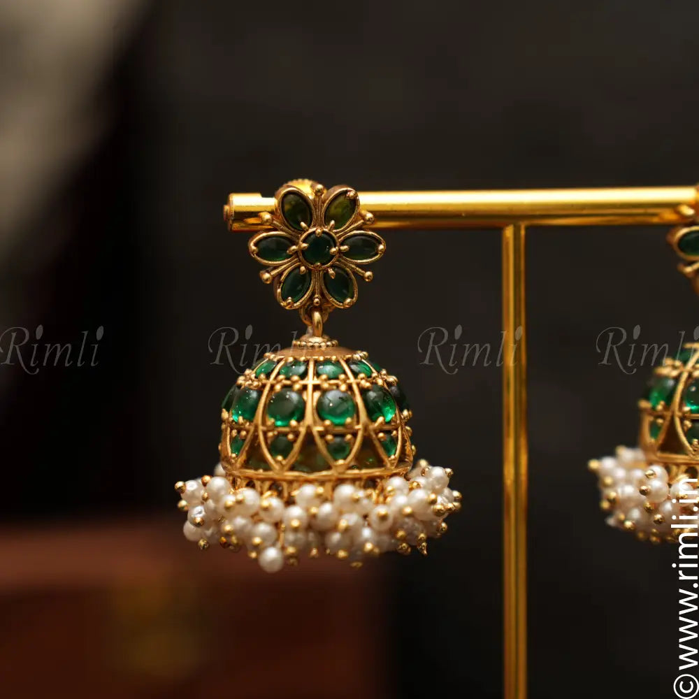 Drisa Antique Jhumka Earrings ‚Äì Green